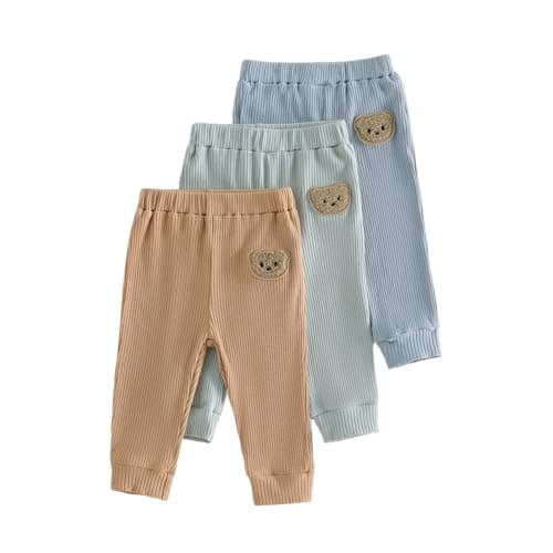 Image of XIXIMAON Unisex Baby Boy Girl Trousers Pack of 3 Set Bear Embroidery Solid Color Ribbed Knitted Joggers Toddler Boys Girls Pants Cotton Leggings (Multicolor, 9-12 Months)