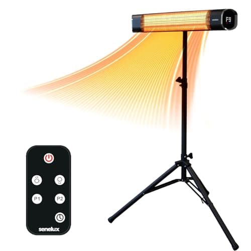 Image of Senelux Electric Infrared Patio Heater 2000W with Tripod | IP65 Water-Resistant Radiant Heater for Indoor & Outdoor | Remote Control, Timer & 9 Heat Levels | LED Display | Portable
