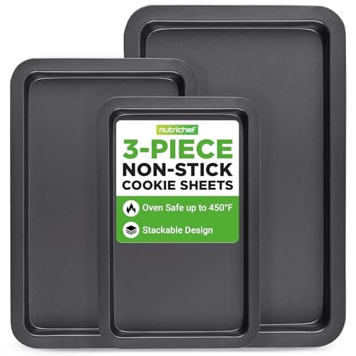 Image of NutriChef Oven Tray Set Non Stick – 3 Piece Baking Tray Set for Oven, Heavy Duty Carbon Steel, Stackable Cookie Sheets | Small Medium Large Trays for Cooking & Baking