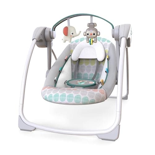 Image of Bright Starts, Whimsical Wild Portable Compact Automatic Baby Swing with Music and Taggies, Removable Toy Bar with 2 Toys, Reclinable, 5 Point Harness, Newborn and up
