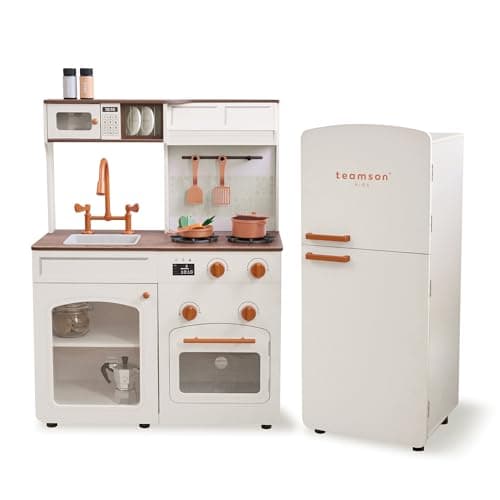 Image of Teamson Kids Little Chef Normandy Wooden Play Kitchen, Off-White Modular Set with Separate Fridge, Sink, Click Knobs, Storage & 14 Accessories Included