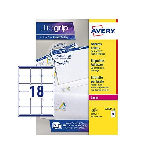 Image of Avery Printable, Customisable Address Mailing Labels, Laser Printers, 18 Labels Per A4 Sheet, 1800 Labels, UltraGrip (L7161), White, 100 Sheets