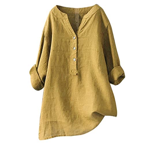 Image of Women Oversized Cotton Linen Shirts Button Down Summer Blouse Roll-Up Sleeve Tops Tunic Trendy Boho Ladies Clothes 2024(Yellow,Medium)