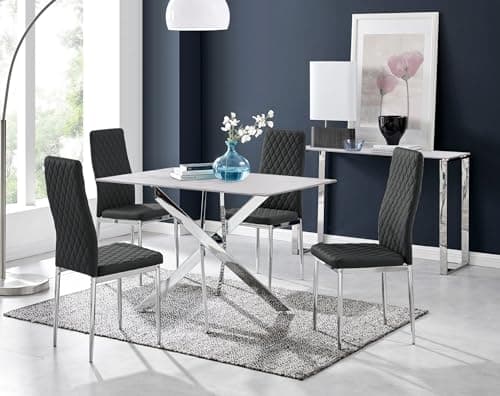 Image of Furniturebox UK Leonardo White Glass Marble Effect Silver Leg Table & 4 Black Milan Chrome Leg Chairs