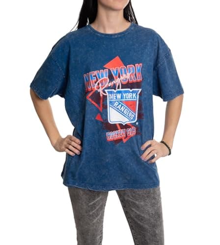Image of Calhoun NHL Womens Oversized Loose Fit Drop Shoulder Vintage Style Acid Wash Crewneck Short Sleeve T-Shirt, New York Rangers, S-M