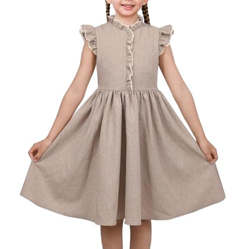 Image of Girls Dress Coffee Solid Lace Trim Cap Sleeve Daily Student Party Cotton Age 10 Years