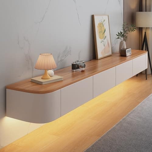 Image of Coubird Floating TV Stand Cabinet wall mounted White Brown Floating tv Shelves with LED light & Doors & Drawer Modern Media Entertainment TV Console Storage TV Unit for Living Room (220cm/86in)