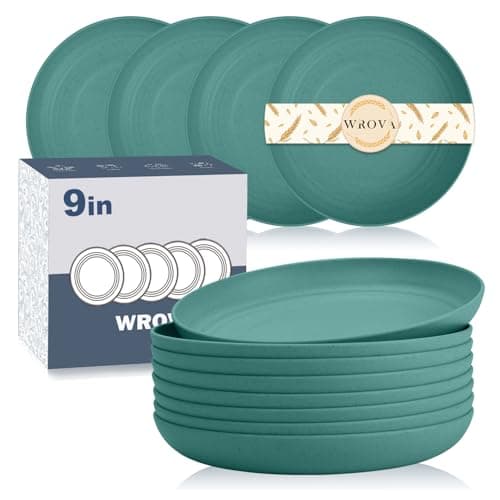 Image of Wrova Plastic Deep Plates - 9 Inch Unbreakable Dinner Plate Set of 8 - Dishwasher & Microwave Safe Plastic Plates Reusable - Lightweight Plate for Kitchen, Camping, RV - Green