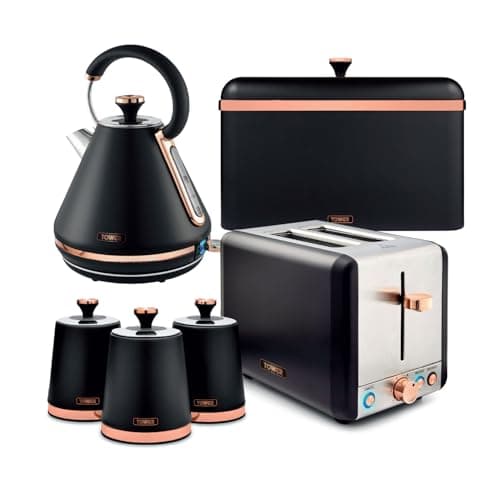 Image of Tower Cavaletto 4 Piece Kitchen Set, 3kW 1.7L Pyramid Kettle, 2 Slice Toaster, Bread Bin & 3 x 1.3L Canisters, Black & Rose Gold, EEJB472