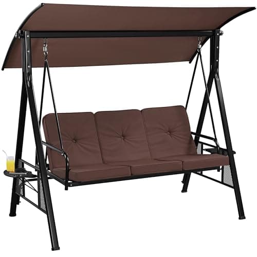 Image of Yaheetech Swing Chair 3 Seater Garden Seat Outdoor, Hammock Hanging Swing Chair with Weather Resistant Steel Frame, Adjustable Tilt Canopy for Yard/Balcony/Backyard/Deck, Dark Brown