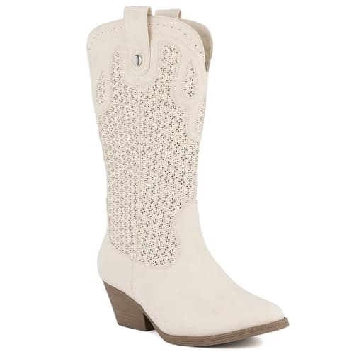 Image of Sugar Women's Western Cowboy Boots – Mid-Calf Pointed Toe Booties with Stitch Detailing/Perforated Design – Pointed Toe, Block Heel, Pull-On Fit, Perf-ivory Tonal, 4 UK