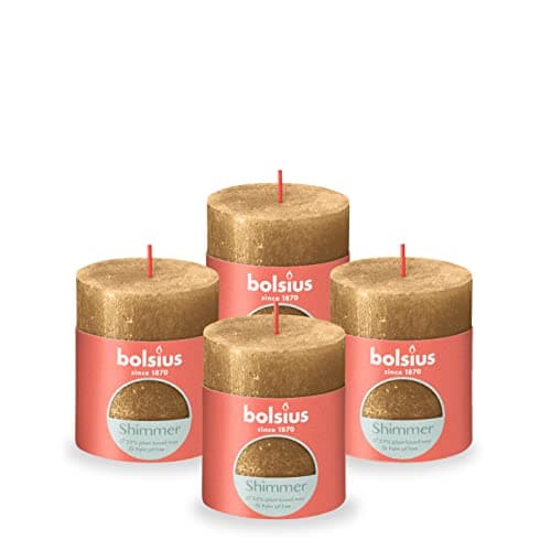 Image of Bolsius Rustic Pillar Candle - Shimmer Gold - Pack of 4 - Long Burning Time of 35 Hours - Interior Decoration - Unscented - Includes Natural Vegan Wax - No Palm Oil - 8 x 7 cm