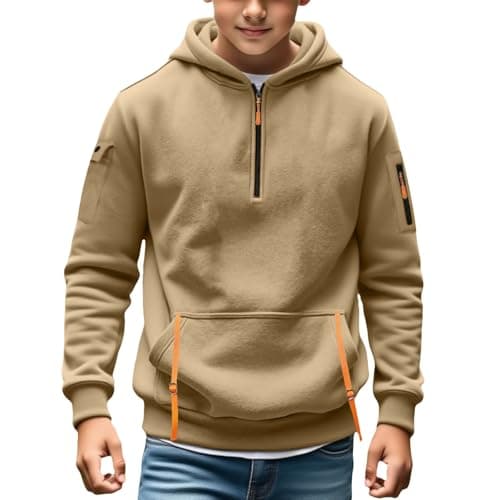 Image of Boys Quarter-Zip Oversized-Fit Hoodie Sweatshirt Pullover Cargo Hoodies for Teen Boys Tactical Sweatshirt Pullover Vintage Workout Running Active Hoodies with Pockets Toddler (Khaki, 14-15 Years)