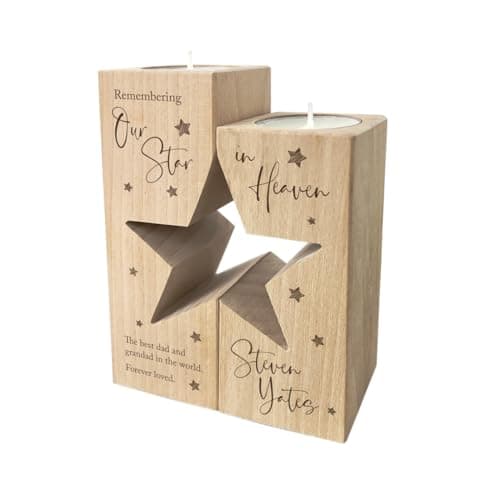 Image of Personalised Solid Wooden Memorial Star Tea Light Holders | Star Shape Twin Tea Light Beech Wood Candle Holder | Customisable Remembrance Memorial Gift | 14cm x 10cm x 5cm