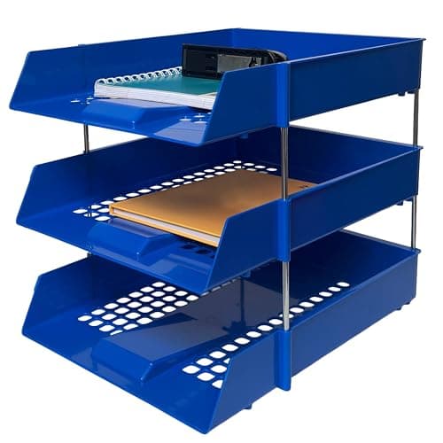 Image of A4 Blue Plastic Letter Trays with Risers – 3 trays Stackable Desk Document Organiser