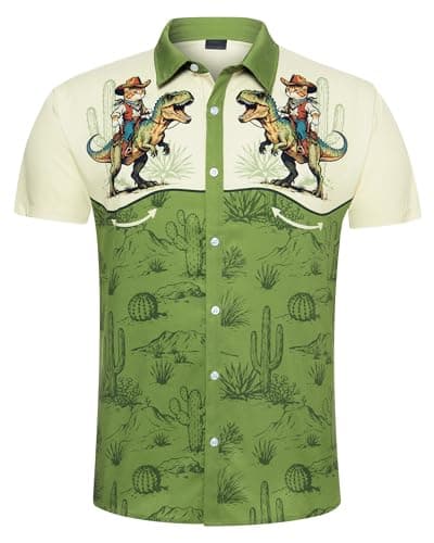 Image of Fanient Western Dress Shirt for Men Short Sleeves Cowboy Clothes Mens Cool Retro Style Shirts Green L