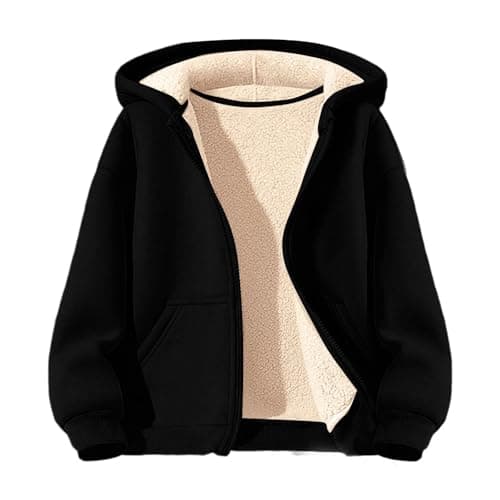 Image of Boys Girls Fleece Hoodie Jacket Kids Sherpa Lined Full Zip Sweatshirt Unisex Solid Warm Long Sleeve Coat for Children Winter Thick Fashion Outerwear with Pockets (Black, 13-14 Years)