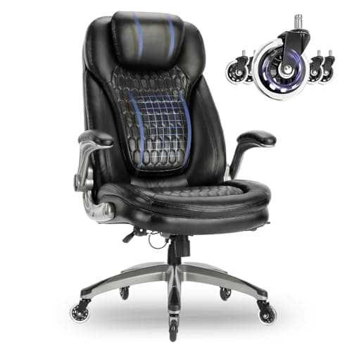 Image of COLAMY High Back Office Chair-Executive Computer Office Chair with Flip-up Arms Adjustable Height SwivelChair, Thick Padded Leather for Comfort and Ergonomic Design for Lumbar Support (137kg, Black)