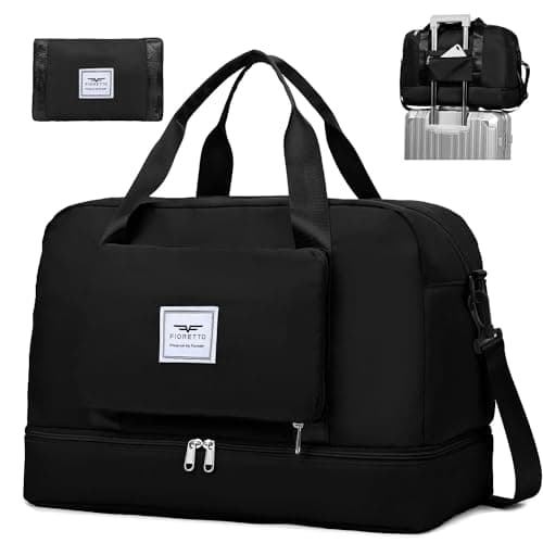 Image of FIORETTO Womens Foldable Weekend Bag Overnight Hospital Bag with Shoes Compartment & Wet Pocket, Water Resistant Gym Bag Duffle Bag Travel Bag Holdall for Women Men Black