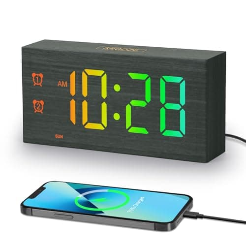 Image of SZELAM Alarm Clock,Wooden Alarm Clock for Bedroom,9 RGB Color,Electric LED Display,Weekday Table Clock,Two Alarms,USB Port, Adjustable Volume,Snooze Function,Wooden Home Decor for,Office,Bedside Table