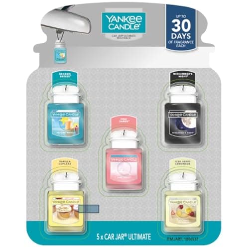 Image of Yankee Candle Car Jar Ultimate Air Freshener | 5 Pack - Bahama Breeze, Midsummers Night, Pink Sands, Vanilla Cupcake, Iced Berry Lemonade | Sold by Bargain Hub