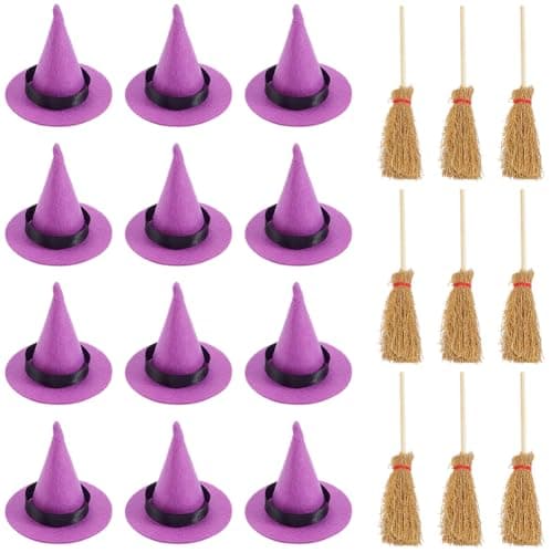 Image of CRASPIRE 24Pcs Mini Witch Hats Purple Felt Small Witches Brooms Broomstick Halloween Decorations Polyester for Miniatures Wizard Dollhouse Carnival Party Favors Birthday Wedding DIY Crafts Accessories