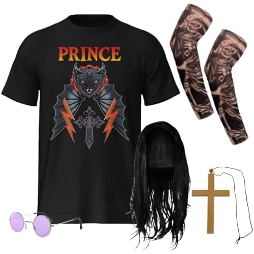 Image of Adults Prince of Darkness Costume Set - XXLarge - Black Graphic T-Shirt, Long Black Wig, Round Glasses, Cross Necklace & Tattoo Sleeves - Retro Heavy Metal Fancy Dress Outfit for Parties & Events