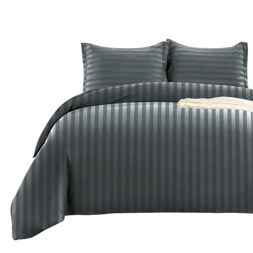 Image of BedLooms Single Duvet Cover Set Reversible Satin Stripes Duvet Covers Soft Breathable Bedding Set with 1 Pillow Case (Stripe Charcoal 135x200 cm)