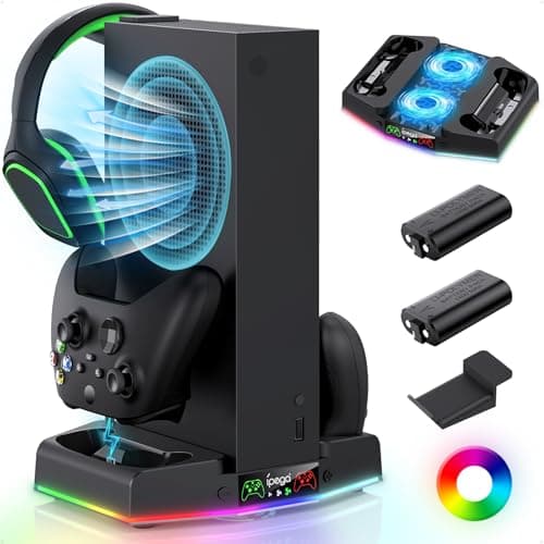 Image of FYOUNG Cooling Stand & Charger Station for Xbox Series S, Upgrade Controller Charging Dock Accessories with 15 RGB LED Light, Cooler Fan System, 2X 1400mAh Rechargeable Battery, Headset Hook-Black