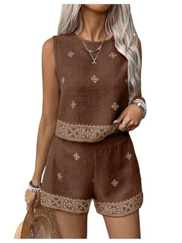 Image of GORGLITTER Women's Co Ord Sets for Women UK Striped Crewneck Tank Top and Shorts 2 Piece Lounge Wear Travel Outfit Holiday Clothes Brown XL