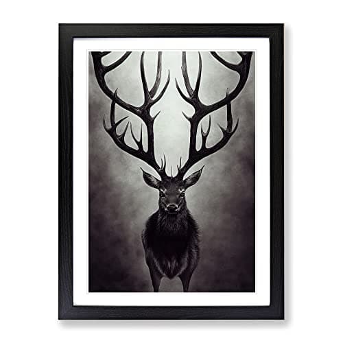 Image of Portrait Of A Wild Stag No.1 Framed Print | A3 Black Framed Wall Art | Ready to Hang | Modern Animal Picture | Living Room Bedroom Lounge Office