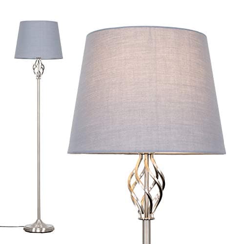 Image of MiniSun | Traditional Style Satin Nickel Barley Twist Floor Lamp with a Grey Tapered Light Shade - Complete with a 10w LED GLS Bulb [3000K Warm White] | Floor Lamps & Home Improvements Essential