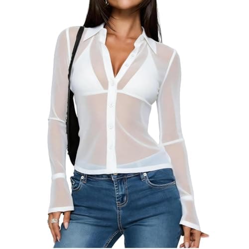 Image of Women’s Sheer Button Up Shirt Y2K Long Sleeve Lapel V Neck Mesh Top Vintage See Through Basic Blouse Streetwear (White, L)