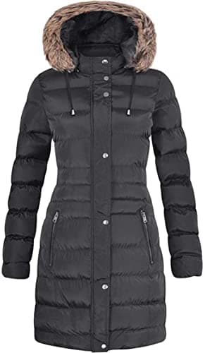 Image of Spindle Womens Long Fur Trimmed Hooded Padded Puffer Parka Ladies Winter Jacket Coat (Black, 14)