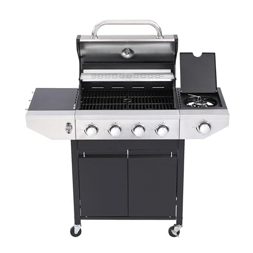Image of BBQ Kingdom 4+1 Burner Gas BBQ Grill, Stainless Steel, Side Burner, Warming Rack, Side Shelves, Wheels for Mobility, Thermometer, Enclosed Cabinet, Includes Protective Cover, Adaptor & Hose