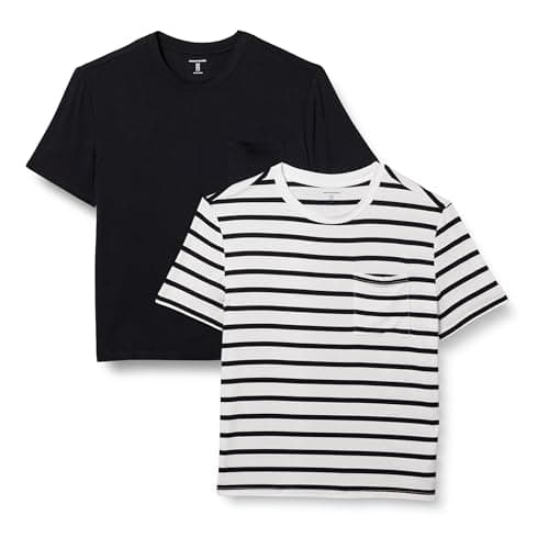 Image of Amazon Essentials Women's Jersey Relaxed-Fit Short-Sleeve Crewneck Pocket T-Shirt, Pack of 2, Black/White French Stripes, XL