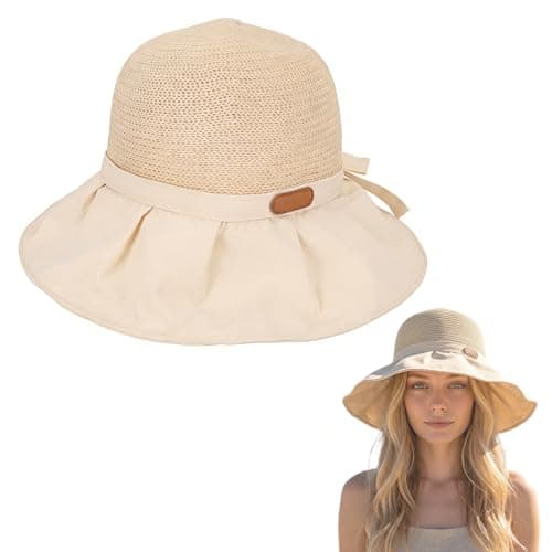 Image of Sun Hats for Women UK, Bucket Sun Hat with Wide Brim, Women's Sunhats for Camping, Comfortable and Versatile Ladies Sunhat with Bowknot, Summer Packable Hats for Women Outdoor UV Protection (Beige)