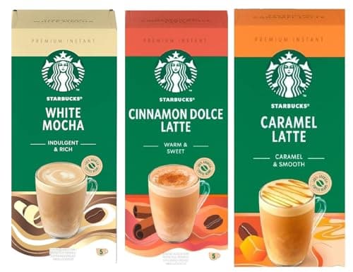 Image of Starbucks Variety Pack Premium Instant Coffee Sachets Flavours inc. White Mocha, Caramel Latte, and Cinnamon Dolce. (Pack of 3, Each Pack 5 Sachets, Total 15 Sachets)