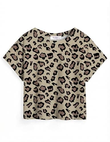 Image of Arshiner Girls Tshirt Leopard Summer Short Tops Kids Sports Short Sleeve Tees Fashionable Round Neck T-Shirt Casual Loose Shirts Girls Clothing 7-8 Years