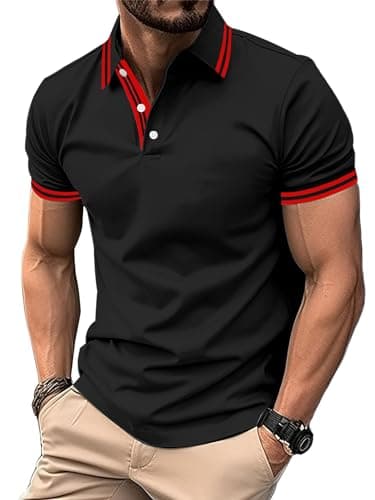 Image of geeksport Men's Polo Shirt Short Sleeve Golf Polo Outdoor Breathable Tops for Mens Sports T-Shirt Work Tee Black Red L