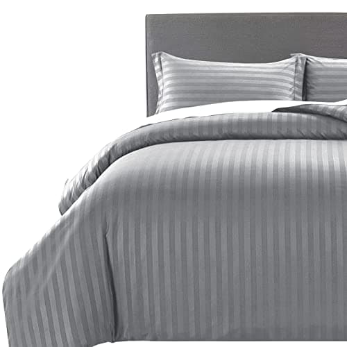 Image of MOONLIGHT20015 King Size Duvet Cover Sets Reversible Stripes Satin Bedding Set with 2 Pillowcases Soft Hypoallergenic Duvet Covers (Grey 230x220)