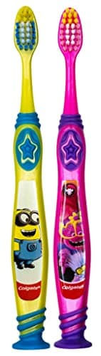 Image of Colgate Kids Minions & Trolls Toothbrush Set with Suction Cup, Children Ages 5+ Extra Soft (Colors Vary) - Pack of 2
