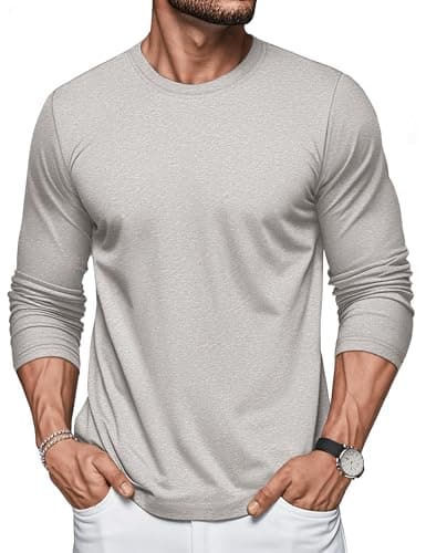 Image of MAGCOMSEN Men's T-Shirts Autumn Crew Neck Cotton Plain Long Sleeve T Shirt Slim Fit Breathable Casual Work Tees Gym Sports Tops Beige,L