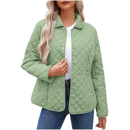 Image of Keepink Coats for Women UK Winter Quilted Jackets Long Sleeve Button Down Diamond Puffer Jacket Solid Casual Bomber Outerwear Lightweight Warm Coat with Pockets Relaxed Fit Trendy Down Coats