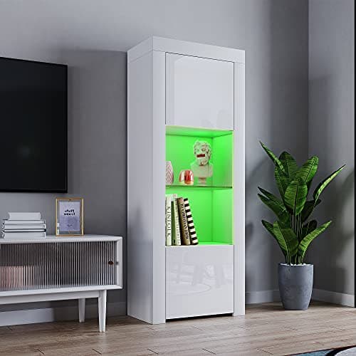 Image of Panana 2 Door LED Tall Display Sideboards Matt Body & High Gloss Fronts Storage Cabinet with Glass Shelf for Living Dining Room W 62 x D 35 x H 160cm (All White)