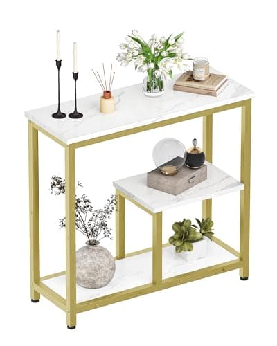 Image of CHOEZON Modern Console Sofa Table 3-Tier Hallway Table Open Storage, Marble Veined Table Top, Metal Frame, for Entryway, Foyer, Marble White and Gold DTXG03DJ
