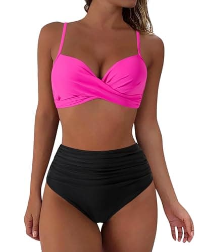 Image of RXRXCOCO High Waisted Leopard Print Bikini Set with Tummy Control & Push Up Top, S/M, Black & Rose