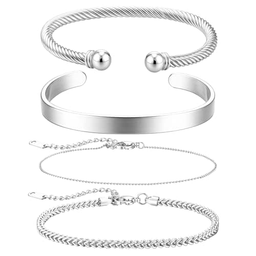 Image of JeweBella 4Pcs Stainless Steel Bracelet for Men Silver/Gold/Black Open Cuff Bracelet Adjustable Chain Bracelet Stackable Bangle Bracelet Set Mens Bracelets Jewellery