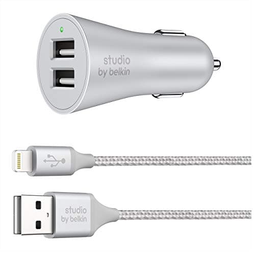 Image of Belkin Studio 4.8A 24W 2 Port Car Charger with 1.5 Metre Braided Charge Sync Lightning Cable for iPhone iPad (Silver)