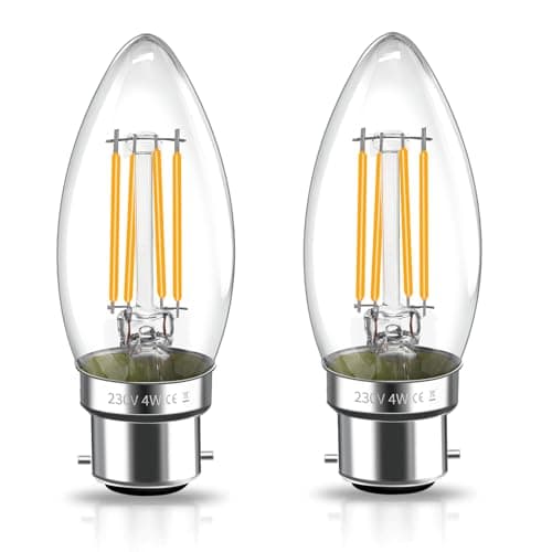 Image of Caldarax 2 Pack B22 Bayonet LED Candle Light Bulbs, 4W Equivalent 40W, 400LM Warm White 2700K, Bayonet Cap BC C35 Candle Bulbs, AC 220-240V, Non Dimmable, Clear LED Filament Bulbs for Chandelier
